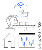 Robotic arm processing items on a conveyor belt, connecting to a cloud computing service, alongside a house icon and a data analytics chart. Ideal for smart manufacturing, automation, IoT, Industry. Smart Factory Automation with Robotic Arm and Cloud Connectivity for Optimized Production. Стоковая иллюстрация, агентство Ingram Publishing / Фотобанк Лори