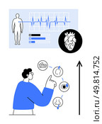Human silhouette heart and brain icons digital analysis charts upward arrow. Ideal for medicine, technology, data analysis, innovation, healthcare, research, education. Line metaphor. Human Health Monitoring with Digital Analytics and Physiological Insights. Стоковая иллюстрация, агентство Ingram Publishing / Фотобанк Лори