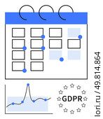 Calendar with data points line graph trend GDPR surrounded by stars. Ideal for data protection, privacy, compliance, regulations, business, analytics, planning. Line metaphor. GDPR Compliance and Data Privacy Timeline with Calendar and Graph Elements. Стоковая иллюстрация, агентство Ingram Publishing / Фотобанк Лори