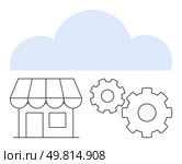 Small business storefront, two gears, and a cloud indicating technology integration and cloud services. Ideal for tech-savvy business, cloud solutions, e-commerce, modernization, infrastructure. Small business store with cloud computing and gears representing modern technology integration. Стоковая иллюстрация, агентство Ingram Publishing / Фотобанк Лори