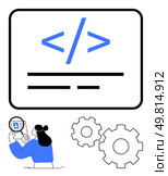 Woman holding magnifying glass examining code snippet. Two gear wheels beside coding interface. Ideal for software development, coding, programming, debugging, technology, computer science, web, v09. Woman Examining Code with Magnifying Glass Next to Gear Wheels and Coding Interface Symbol. Стоковая иллюстрация, агентство Ingram Publishing / Фотобанк Лори