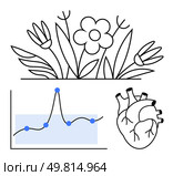 Flowers a line chart with blue points and a heart icon blend to represent growth data health, nature, science, life, and wellness. Ideal for educational, health, and environmental themes. Bold. Interconnection of Nature, Science, and Human Anatomy in Bold Line Art. Стоковая иллюстрация, агентство Ingram Publishing / Фотобанк Лори