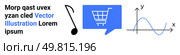 Music note icon, blue shopping cart in speech bubble, and line graph with axes. Ideal for ecommerce, data analysis, music industry, advertising, marketing, websites, apps. Landing page. Music Note, Shopping Cart, and Graph Vector Icons with Sample Text. Стоковая иллюстрация, агентство Ingram Publishing / Фотобанк Лори