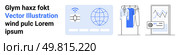 Three icons global network symbol, clothing rack, mobile with analytics. Ideal for digital marketing, e-commerce, global connectivity, online shopping, data analytics, retail strategy website. Digital Marketing and E-commerce Widgets Including Global Network, Online Shopping, and Analytics. Стоковая иллюстрация, агентство Ingram Publishing / Фотобанк Лори