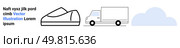 Black shoe icon, gray delivery truck icon, light blue cloud icon, sample Lorem Ipsum text in black and blue. Ideal for conveyance, fashion, weather, transportation, shipping, e-commerce, digital. Shoe, Delivery Truck, and Cloud Vector Icons with Sample Lorem Ipsum Text for Design. Стоковая иллюстрация, агентство Ingram Publishing / Фотобанк Лори