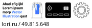 Digital payment card with contactless feature, clothes on rack, gear icon, and sample text. Ideal for e-commerce, technology, retail, online shopping fintech automation user interface. Landing. Digital Payment Integration Concept with Text, Clothing Rack, Payment Card, and Gear Icons. Стоковая иллюстрация, агентство Ingram Publishing / Фотобанк Лори