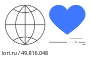 Black outlined globe next to blue heart, with minimalistic lines. Ideal for global community, international relations, social love, worldwide care, charity work, digital connection, humanitarian. Global Connectivity and Social Compassion Represented by Globe and Heart Symbols. Стоковая иллюстрация, агентство Ingram Publishing / Фотобанк Лори