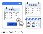 Annual and monthly calendars with Subscribe button, dollar signs, and an online storefront with products. Ideal for financial planning, subscription services, e-commerce, budgeting, time management. Comparison Between Annual and Monthly Subscription Plans with Online Storefront and Payment Elements. Стоковая иллюстрация, агентство Ingram Publishing / Фотобанк Лори