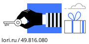 Hand wearing striped sleeve holding key, gift box with ribbon, cloud. Ideal for security, access, unlocking potential, gift giving, privacy success celebrations. Line metaphor. Hand holding key with a gift box tied with ribbon near a cloud. Стоковая иллюстрация, агентство Ingram Publishing / Фотобанк Лори