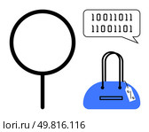 Magnifying glass, speech bubble with binary code, and handbag with price tag. Ideal for technology, shopping, e-commerce, security, coding binary language and digital transactions themes. Line. Binary Code Speech Bubble with Magnifying Glass and Handbag with Price Tag. Стоковая иллюстрация, агентство Ingram Publishing / Фотобанк Лори