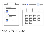 Clipboard with checklist and calendar with marked dates. Ideal for project management, to-do lists, scheduling, productivity, time management, organization, planning. Line metaphor. Task management with checklist clipboard and calendar for organized planning and efficient scheduling. Стоковая иллюстрация, агентство Ingram Publishing / Фотобанк Лори
