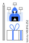 Hacker in hoodie using a laptop connected to multiple devices. Large pencil next to hacker image. Gift box with ribbon below. Ideal for tech security, online threats, cybersecurity education, warning. Cybersecurity Threat Depicted with Hacker, Laptops, Gift Box, and Pencil in Blue and Black Tones. Стоковая иллюстрация, агентство Ingram Publishing / Фотобанк Лори