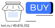 Mason jar with label next to a blue Buy button. Ideal for e-commerce themes, online shopping, digital marketing, retail strategies, product promotion, purchasing icons, website elements. Line. Online Shopping Concept Mason Jar with Buy Button, Simplistic Black and Blue Design. Стоковая иллюстрация, агентство Ingram Publishing / Фотобанк Лори