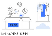 Cardboard box labeled free with icons floating out, adjacent to clothing hanging on a rack. Ideal for e-commerce, marketing, promotions, giveaways, shopping, customer engagement online sales. Line. Unboxing Concept with Free Items and Clothing on Rack for E-commerce, Marketing, and Promotions. Стоковая иллюстрация, агентство Ingram Publishing / Фотобанк Лори