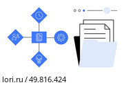 Papers in a folder with four interconnected blue diamond icons clock, people, lightbulb, and gear. Ideal for business processes, organization, productivity, data management, office work. Document Management Workflow with Time, People, Ideas, and Gear Elements on Blue Network. Стоковая иллюстрация, агентство Ingram Publishing / Фотобанк Лори