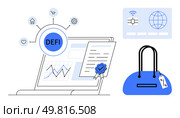 Laptop displaying decentralized finance DeFi data, smart contract with seal, credit card icon with chip and globe, blue shopping bag with price tag. Ideal for fintech, blockchain, e-commerce, digital. Decentralized Finance Laptop with Smart Contract, Credit Card and Shopping Bag Representing Digital Economy. Стоковая иллюстрация, агентство Ingram Publishing / Фотобанк Лори