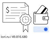 Financial certificate with clock badge, wallet with card, and blue checkmark document representing secure payment or transaction. Ideal for finance, banking, security, investments, savings. Financial certificate with clock badge, wallet with card, and checkmark document for payment confirmation. Стоковая иллюстрация, агентство Ingram Publishing / Фотобанк Лори