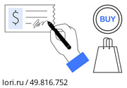 Hand signing receipt, shopping bag, and circular BUY button. Ideal for ecommerce, retail, consumer transactions, payment methods, online shopping financial dealings purchase processes. Line. Hand signing receipt with shopping bag and circular BUY button representing consumer purchase transaction. Стоковая иллюстрация, агентство Ingram Publishing / Фотобанк Лори