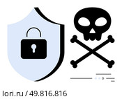 Shield with a padlock symbol, overlapping a skull and crossbones representing cyber threats. Ideal for cybersecurity, internet safety, data protection, antivirus software, online privacy, threat. Cybersecurity Shield with Padlock Overlap Skull and Crossbones Representing Threat Protection. Стоковая иллюстрация, агентство Ingram Publishing / Фотобанк Лори