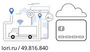 Cloud storage, GPS markers, delivery truck, tablet, and payment card. Ideal for logistics, delivery, transportation cloud technology payment systems e-commerce location tracking. Line metaphor. Cloud-Based Logistics and Payment Technologies with GPS-Enabled Delivery Truck and Connected Devices. Стоковая иллюстрация, агентство Ingram Publishing / Фотобанк Лори