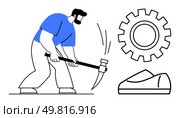Man wielding sledgehammer, large gear symbol, and shoe. Ideal for manufacturing, productivity, labor, industry, engineering, mechanical work, and hard work themes. Line metaphor. Worker using sledgehammer with gear and shoe, representing labor, industry, and productivity. Стоковая иллюстрация, агентство Ingram Publishing / Фотобанк Лори