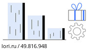 Bar chart with three declining bars, gift box, and gear icon representing performance trends, rewards, and productivity. Ideal for business analytics, performance tracking, productivity tools. Bar chart with declining bars, gift box, and gear icon emphasizing performance, rewards, and productivity. Стоковая иллюстрация, агентство Ingram Publishing / Фотобанк Лори