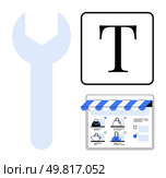 Digital tools including a wrench, text formatting, and online store elements. Ideal for web design, ecommerce, digital marketing, graphic design, SEO site optimization content creation. Line. Online Store Setup with Website Design Tools Featuring Text Editing and Ecommerce Options. Стоковая иллюстрация, агентство Ingram Publishing / Фотобанк Лори