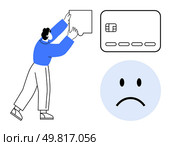 Man pushing a square shape towards a large credit card and sad face icon. Ideal for financial struggles, debt stress, budgeting, personal finance education, credit problems, economic downturn. Man Struggling with Credit Card and Sad Face Icon Representing Financial Issues or Debt. Стоковая иллюстрация, агентство Ingram Publishing / Фотобанк Лори