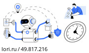 Multifunctional robot with multiple arms handling different tasks including lab work, shopping, package, and encryption. Ideal for technology, automation, productivity, innovation, efficiency. Robotics in Automation Multifunctional Robot Performing Various Tasks, Man Holding Shopping Bags and Clock. Стоковая иллюстрация, агентство Ingram Publishing / Фотобанк Лори
