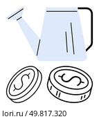 Watering can pouring on two coins with dollar signs, representing investment growth, financial nurturing, savings, business development, economic prosperity, wealth accumulation. Line metaphor. Watering can with coins, symbolizing investment growth, financial nurturing, and economic prosperity. Стоковая иллюстрация, агентство Ingram Publishing / Фотобанк Лори