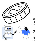 Coin floating above robot and person. Robot person pointing. Ideal for technology finance, digital currency, automation, AI, collaboration, innovation, education. Line metaphor. Robot interacting with person while discussing coin and financial technology concept. Стоковая иллюстрация, агентство Ingram Publishing / Фотобанк Лори