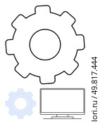 Large gearwheel outline with smaller faint gear and computer monitor below. Ideal for technology settings, digital solutions, system configurations, software development, technical support. Gearwheel and Computer Monitor Depiction Highlighting Technology and Settings Concept. Стоковая иллюстрация, агентство Ingram Publishing / Фотобанк Лори