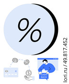 Large percentage symbol, arrows connecting credit card and hand with coins, person holding Cash Back sign. Ideal for finance, banking, advertising, web, v07 design, e-commerce, marketing customer. Cashback Rewards Concept with Percentage Symbol, Credit Card, Coins, and Person Explaining Cashback. Стоковая иллюстрация, агентство Ingram Publishing / Фотобанк Лори