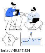 Two colleagues fist bump, holding tablets, symbolize teamwork and success. Graphs and piggy bank convey financial growth and savings. Ideal for business, finance, teamwork, strategy, analysis. Collaborative Teamwork and Financial Growth Fist Bump with Data Charts and Savings. Стоковая иллюстрация, агентство Ingram Publishing / Фотобанк Лори