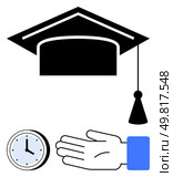 Graduation cap, clock, and hand symbols conveying education, time management, and guidance. Ideal for educational themes, academic achievement, mentoring punctuality planning career goals. Line. Graduation Cap, Clock, and Hand Symbols Representing Education, Time Management, and Guidance. Стоковая иллюстрация, агентство Ingram Publishing / Фотобанк Лори