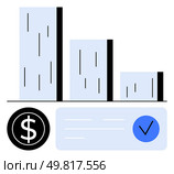 Declining bar graph, currency symbol, checkmark circle, and a horizontal line. Ideal for financial analysis, business strategy, economic trends, statistical data, market research investment. Declining Bar Graph with Currency Symbol and Checkmark Circle Highlighting Financial Themes. Стоковая иллюстрация, агентство Ingram Publishing / Фотобанк Лори