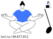 Person meditating in lotus position with calm expression while smaller figure sits on box appearing stressed. Ideal for wellness, stress management, meditation, mental health, mindfulness, self-care. Person Meditating in Lotus Position with Reflection of Thinking Overwhelmed Figure Seated on Box. Стоковая иллюстрация, агентство Ingram Publishing / Фотобанк Лори