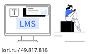 Desktop computer displaying LMS interface and multimedia elements. Seated person engaging with tablet. Ideal for e-learning, online education, technology, remote work, digital content, distance. Learning Management System on Desktop with Individual Accessing Content via Tablet. Стоковая иллюстрация, агентство Ingram Publishing / Фотобанк Лори