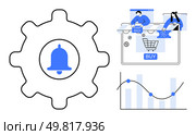 Gear with notification bell icon beside online shopping and cashback interaction, graph charting business data. Ideal for e-commerce, notifications, analytics, marketing, and performance tracking. Gear with Notification Bell, Online Shopping, and Data Analysis Graph Elements Highlighting Key Themes. Стоковая иллюстрация, агентство Ingram Publishing / Фотобанк Лори