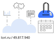Cloud connected to bar chart, puzzle pieces, calendars, and shopping bag. Ideal for business strategy, project management, e-commerce, collaboration tools, data analysis cloud services networking. Cloud Computing Integration with Calendar Management and E-Commerce for Business Efficiency. Стоковая иллюстрация, агентство Ingram Publishing / Фотобанк Лори