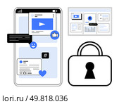 Conversation bubbles, thumbs ups, metadata tags, and media player on smartphone screen next to a padlock and dashboard interface. Ideal for social media, data security, privacy, technology, mobile. Mobile Social Media Interaction and Security Lock Representing Data Privacy. Стоковая иллюстрация, агентство Ingram Publishing / Фотобанк Лори