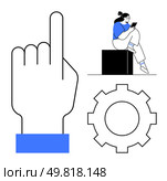 Hand pointing up, woman reading on a box, gear icon. Ideal for productivity, technology, education, teamwork, motivation innovation settings. Line metaphor. Hand pointing up, woman reading on a box, and a gear icon representing different actions and themes. Стоковая иллюстрация, агентство Ingram Publishing / Фотобанк Лори