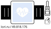 Health monitoring smartwatch with heartbeat display, portable glucose monitor, and wallet with test strips. Ideal for fitness tracking, health monitoring, medical assistance, diabetes management. Health Monitoring Smartwatch With Heartbeat Display, Portable Glucose Monitor, and Wallet With Test Strips. Стоковая иллюстрация, агентство Ingram Publishing / Фотобанк Лори