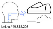 Head outline with breath arrows, shoe icon, and cloud. Ideal for fitness, sports training, health education, wellness apps, exercise guides, athletic coaching, respiratory health. Line metaphor. Breathing Techniques for Running with Head Outline and Shoe, Simple Line Art Style. Стоковая иллюстрация, агентство Ingram Publishing / Фотобанк Лори