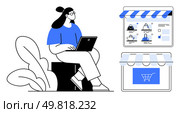 Woman using laptop next to storefronts showing products and shopping cart. Ideal for e-commerce, online shopping, digital marketing, customer behavior, website design, user experience, technology. Woman shopping online with laptop next to web storefronts displaying product and cart icons. Стоковая иллюстрация, агентство Ingram Publishing / Фотобанк Лори