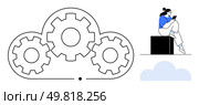 Person sitting on cube using tablet. Three interconnected gears within cloud outline. Ideal for technology, cloud services, teamwork, digital integration, innovation, mobile devices IT. Line. Cloud technology and personal device integration with person on tablet and interconnected gears. Стоковая иллюстрация, агентство Ingram Publishing / Фотобанк Лори