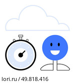 Stopwatch smiling face, and cloud together create a theme of efficient time management, happiness, and innovation. Ideal for productivity, cloud computing, positive mindset, punctuality, motivation. Time Management and Positive Attitude Towards Success. Стоковая иллюстрация, агентство Ingram Publishing / Фотобанк Лори