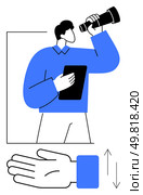 Person with telescope and tablet, extended hand with arrows. Ideal for exploration, innovation, guidance, technology, forward-thinking, discovering new horizons strategic vision. Line metaphor. Person with Telescope and Tablet Holding Hand Out, Representing Exploration and Guidance. Стоковая иллюстрация, агентство Ingram Publishing / Фотобанк Лори