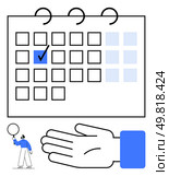 Calendar with checkmark, large open hand, small figure holding balloon. Ideal for time management, planning, reminders, organization, task completion goal setting support. Line metaphor. Calendar with Checkmark, Hand Gesture, and Small Figure Holding Balloon on White Background. Стоковая иллюстрация, агентство Ingram Publishing / Фотобанк Лори