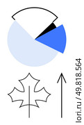 Geometric elements including a pie chart with distinctly colored sectors, an outlined leaf shape, and an upward-pointing arrow. Ideal for presentations, infographics, ecological themes, environment. Geometric Shapes and Symbols Featuring a Pie Chart, Leaf Outline, and Arrow. Стоковая иллюстрация, агентство Ingram Publishing / Фотобанк Лори